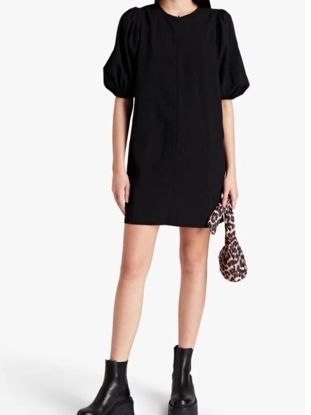⁠GANNI Black Heavy Crepe Puff Sleeve Mini Dress EU 34 US 2 Concealed Zip EUC⁠